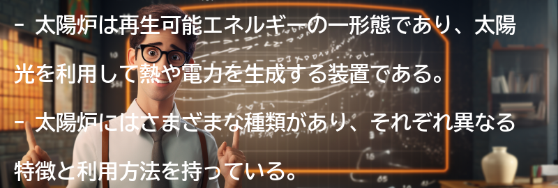 太陽炉の種類とその特徴の要点まとめ